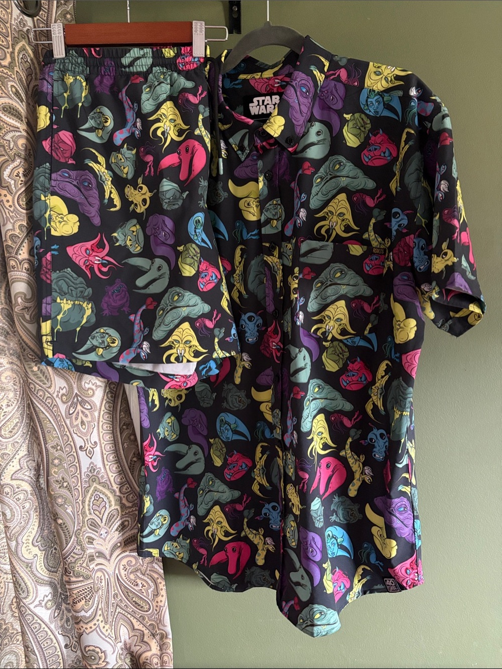 RSVLTS Star Wars Black Short Sleeve Button Down Shirt with Multicolor Alien